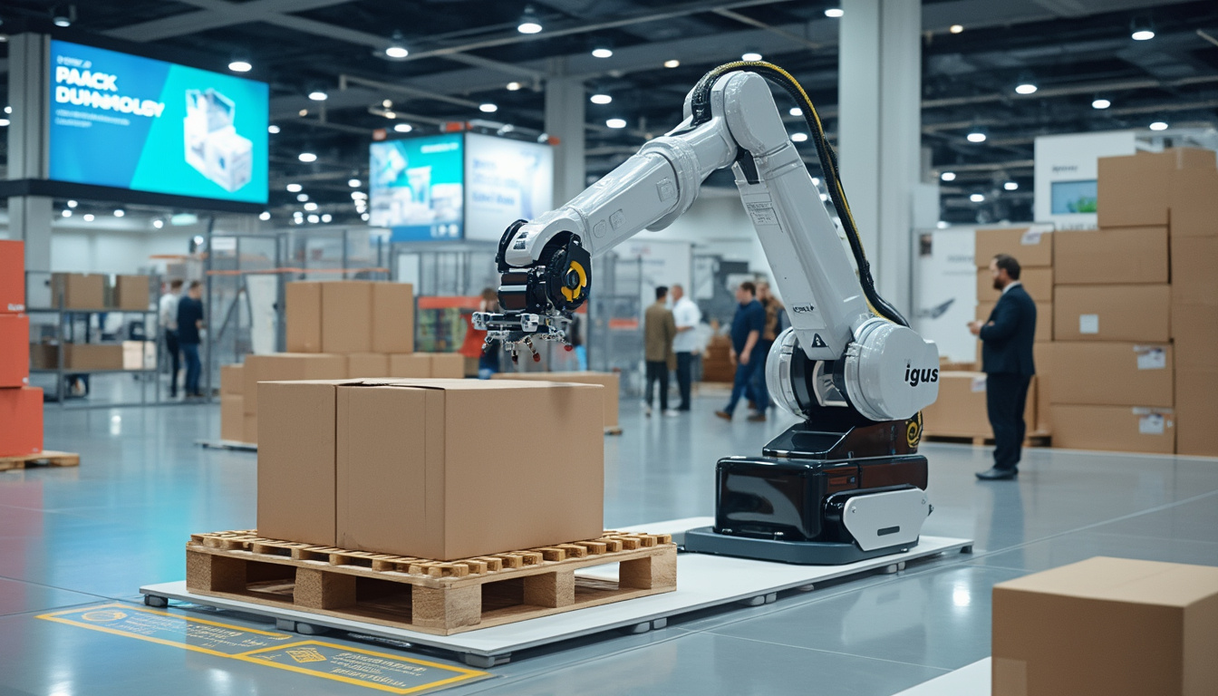 découvrez le nouveau cobot de palettisation économique fr20 présenté par igus lors du salon pack expo. une solution innovante et abordable pour optimiser vos opérations de manutention et d'emballage.