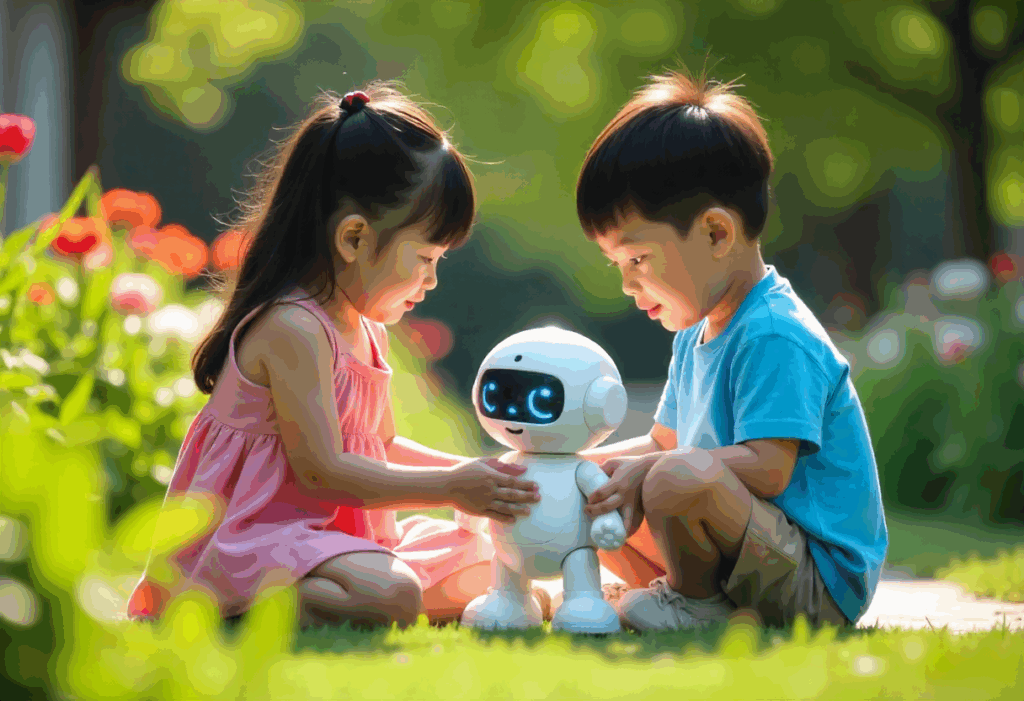 Enfants jouant avec un robot