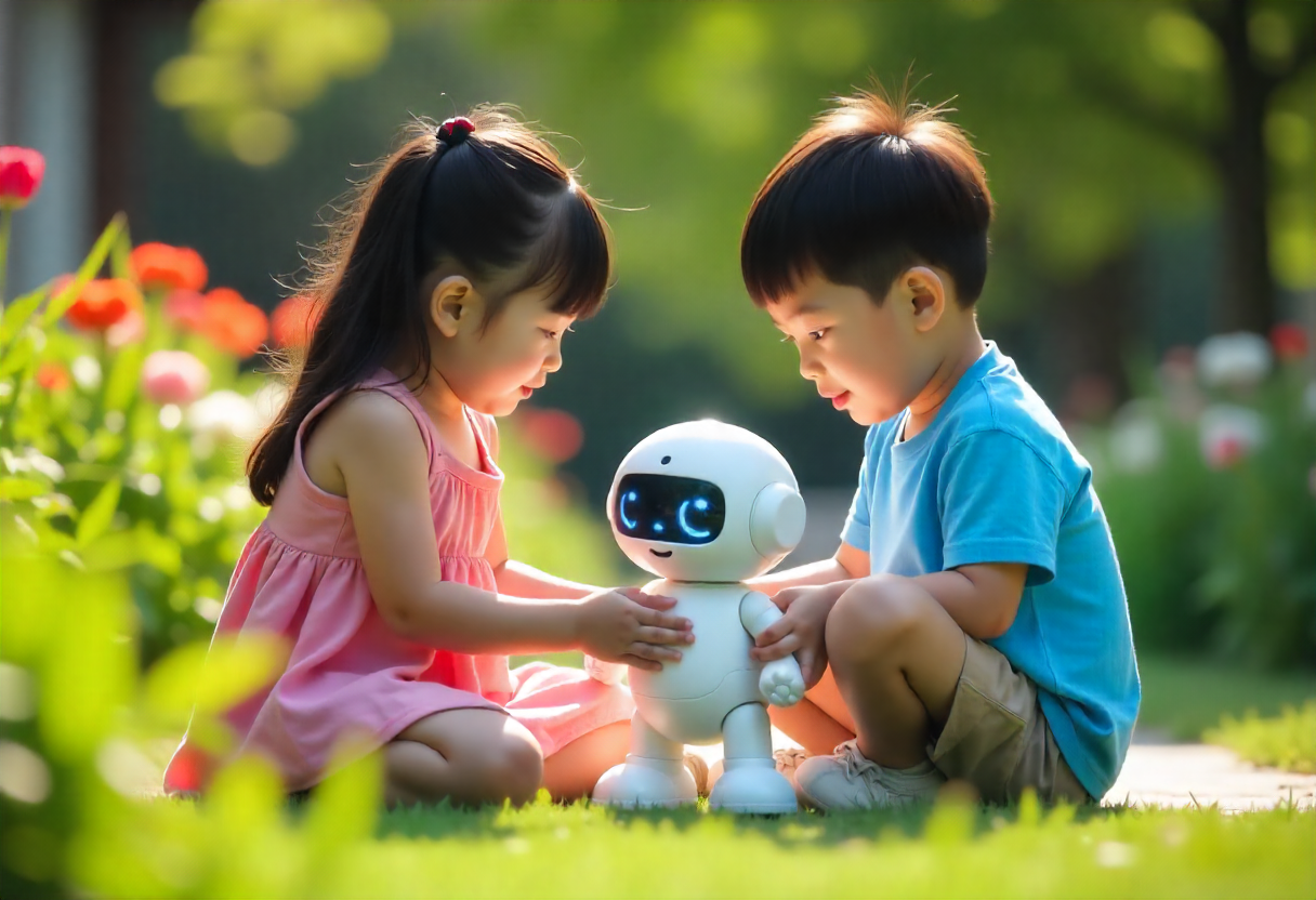Enfants jouant avec un robot