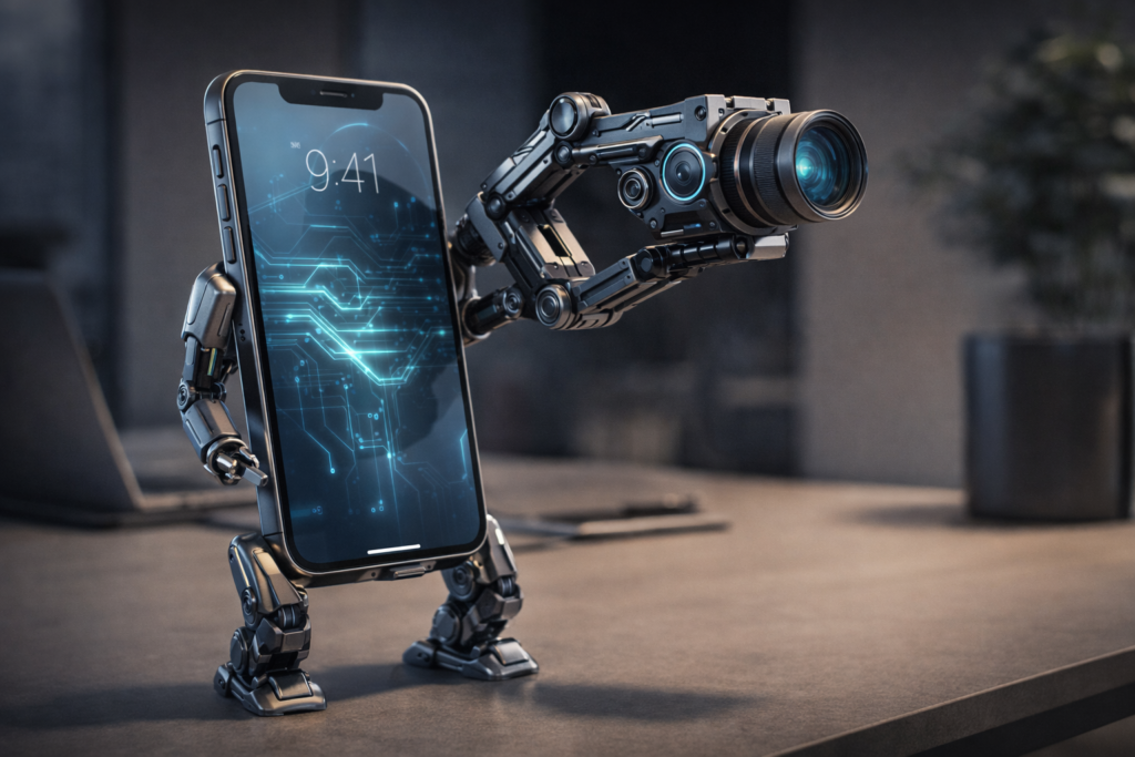 Robot phone illustrant les prémices du smartphone autonome avec caméra robotisée intégrée.