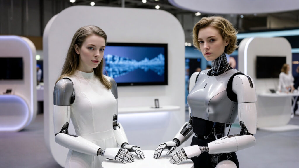 Deux robots féminines dans un stand de présentation
