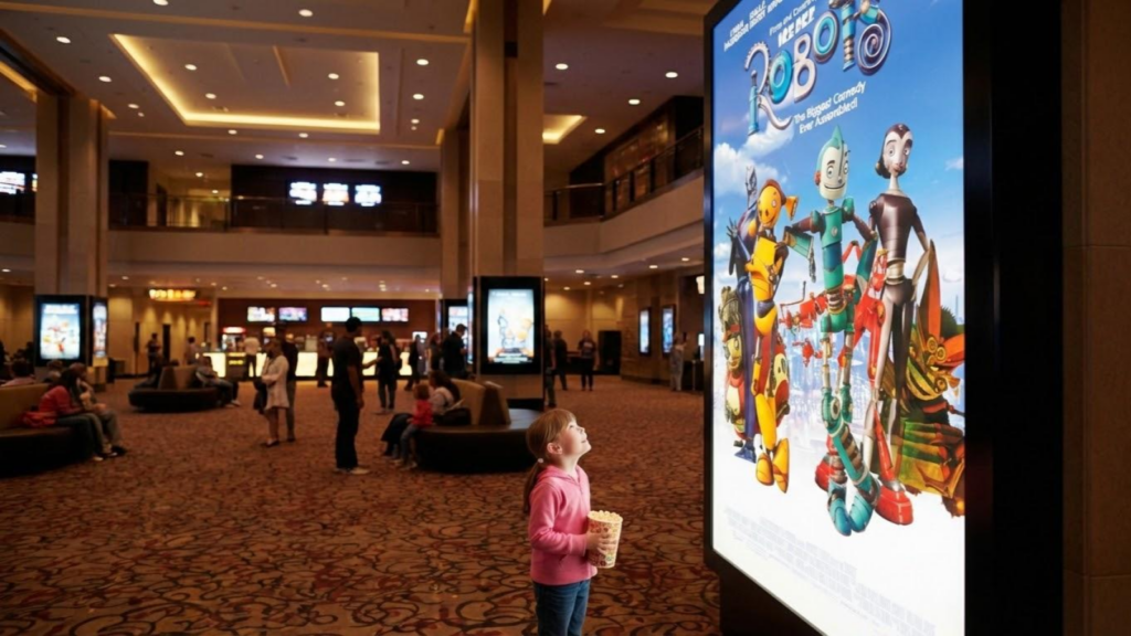 Une petite fille devant le poster du dessin animé Robots