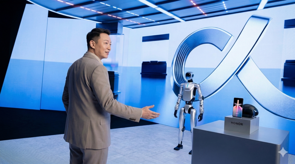 Un homme présentant le Robot-Phone d e Honor