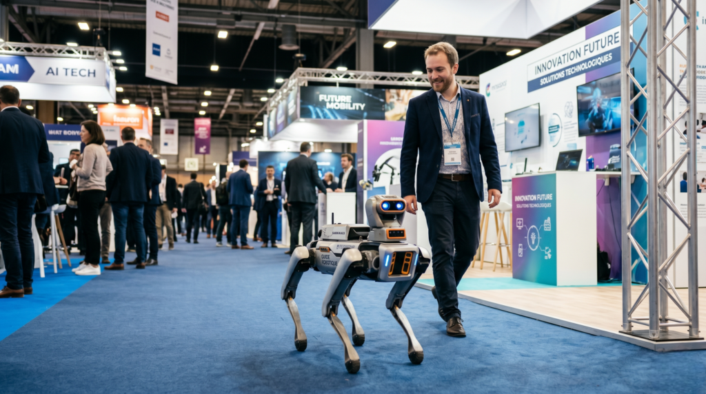 Un robot chien quadrupède fonctionne avec une technologie avancée.