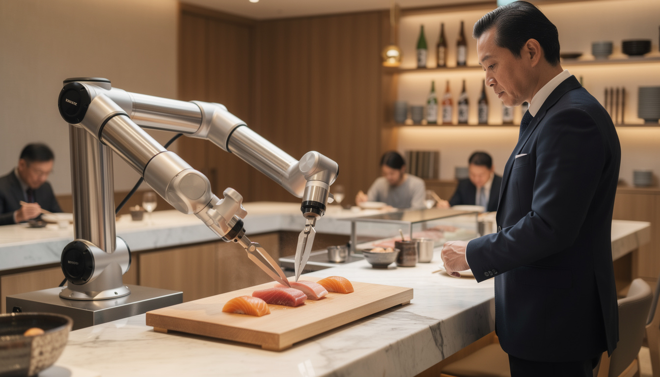 découvrez le sashimi-bot à trois bras, une innovation technologique qui maîtrise l'art de trancher et servir le poisson avec précision et expertise pour une expérience culinaire exceptionnelle.