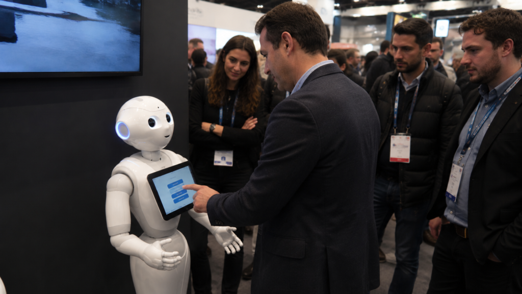 personne qui interagit avec un robot Pepper