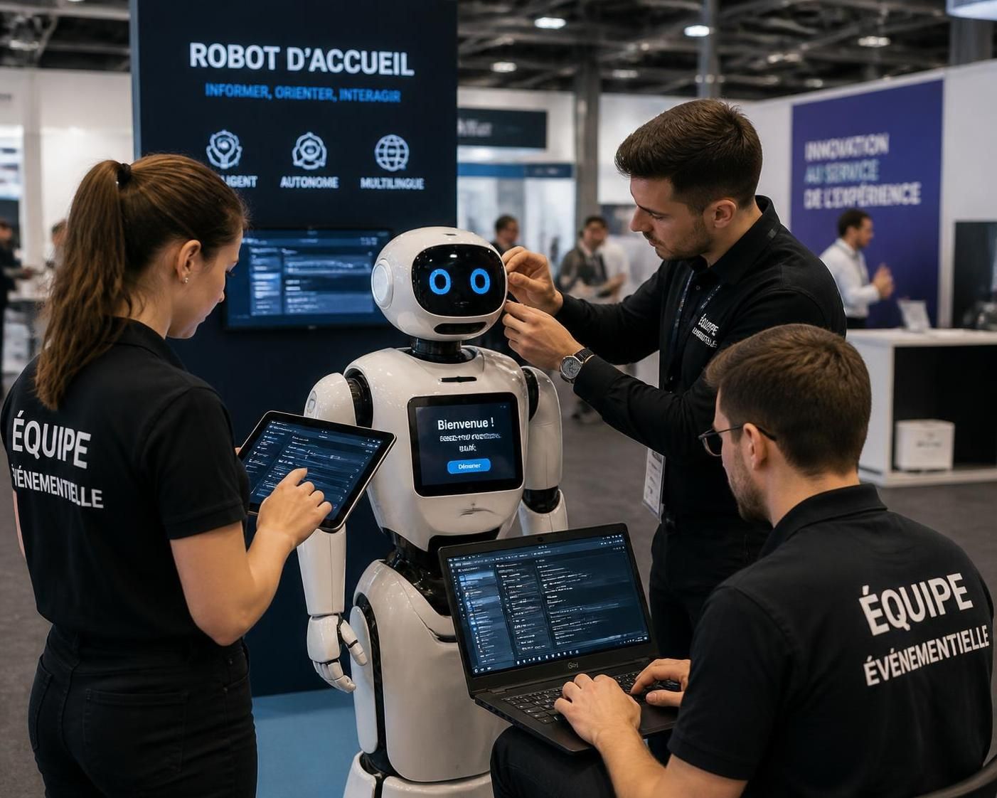 découvrez comment les robots d'accueil révolutionnent l'expérience des visiteurs en apportant une touche futuriste et innovante dès l'entrée de votre événement.
