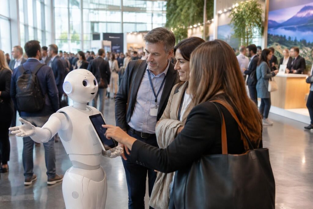 découvrez comment un robot d’accueil fluidifie les pics d’affluence sur un salon, guide les visiteurs et améliore leur expérience.